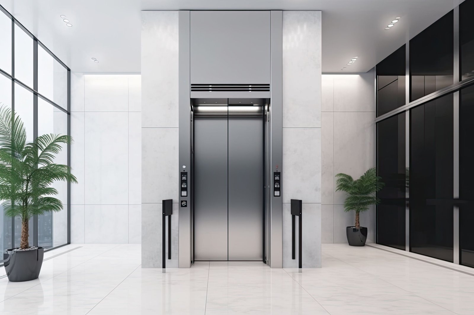 Interior view of a modern elevator. Office or modern hotel hallway, empty lobby interior